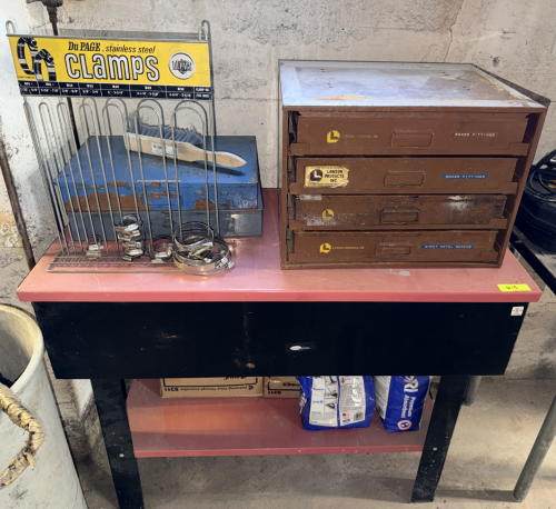 PARTS WASHER W/ ASSORTED HARDWARE AND TOOLING.