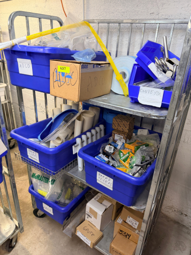 CONTENTS OF (2) CARTS - PRODUCTION LINE HARDWARE AND PARTS.