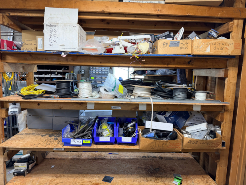 CONTENTS WOODEN RACK- PRODUCTION LINE HARDWARE AND PARTS.