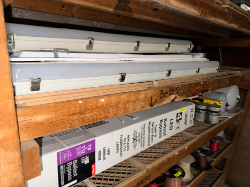 CONTENTS OF TOP (2) SHELVES - ASSORTED LIGHTING AND LIGHTING HARDWARE.