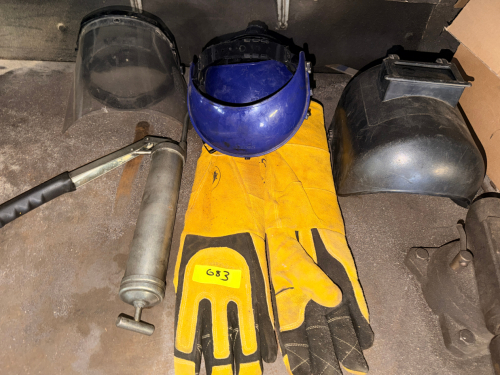 WELDING GLOVES, GREASE GUN, AND (2) VISORS.