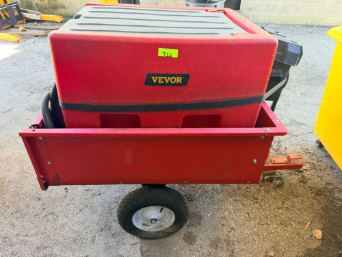 VEVOR PORTABLE DIESEL FUEL TRANSFER TANK SYSTEM MOUNTED IN A STEEL TOWABLE CART. UNIT INCLUDES INTEGRATED ELECTRIC FUEL TRANSFER PUMP, DISPENSING HOSE, FUEL NOZZLE, AND PROTECTIVE LOCKING COVER.