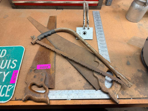 (3) HAND SAWS AND (1) RIGHT ANGLE.