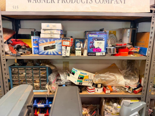 CONTENTS OF SINGLE 36" SHELF - ASSORTED TOOLING, HARDWARE, AND PARTS.