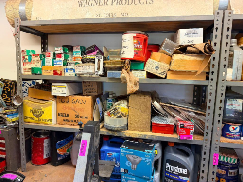 CONTENTS OF SINGLE 36" SHELF - ASSORTED TOOLING, HARDWARE, AND PARTS.