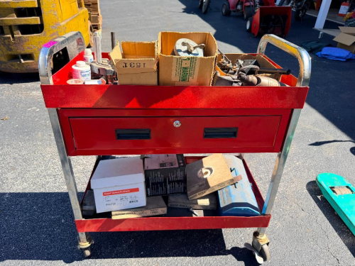 RED METAL UTILITY TOOL CART W/ CONTENTS.