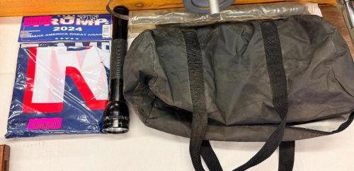 2024 TRUMP FLAG, FLASH LIGHT, UMBRELLA, AND SMALL BAG.
