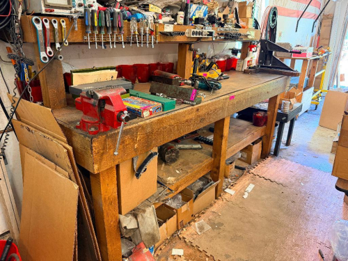 10' WOODEN FABRICATION TABLE.