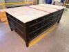 LARGE RECTANGULAR KITCHEN ISLAND/WORKTABLE FEATURING A POLISHED MARBLE TOP, DARK WOOD BASE CONSTRUCTION, MULTIPLE STORAGE DRAWERS ON ALL SIDES, AND A CENTER CABINET WITH PULL-OUT SHELF. FINISHED WITH DECORATIVE HARDWARE AND TAPERED LEGS. - 3