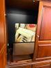TELEVISION ENTERTAINMENT ARMOIRE WITH RAISED PANEL DOORS AND LOWER STORAGE CABINET IN A CHERRY FINISH. FEATURES FOUR FULL-HEIGHT CABINET DOORS WITH AN INTERIOR TELEVISION COMPARTMENT, ADJUSTABLE SHELVING, AND AN ENCLOSED LOWER STORAGE SECTION - 2