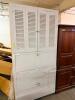 WHITE PAINTED WOOD STORAGE CABINET WITH LOUVERED UPPER DOORS, A DROP-FRONT WORK SURFACE, AND LOWER DOUBLE-DOOR STORAGE CABINET - 2