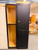 TALL WOOD PANTRY CABINET SET CONSISTING OF ONE FULL-HEIGHT SHAKER-STYLE SINGLE-DOOR CABINET AND ONE MATCHING OPEN SHELVING CABINET. FINISHED IN A DARK ESPRESSO EXTERIOR WITH A LIGHT WOOD INTERIOR