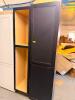 TALL WOOD PANTRY CABINET SET CONSISTING OF ONE FULL-HEIGHT SHAKER-STYLE SINGLE-DOOR CABINET AND ONE MATCHING OPEN SHELVING CABINET. FINISHED IN A DARK ESPRESSO EXTERIOR WITH A LIGHT WOOD INTERIOR - 2
