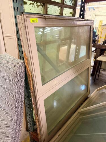 48" X 48" DOUBLE-HUNG INSULATED WINDOW WITH A WHITE FRAME AND DUAL-PANE GLASS.
