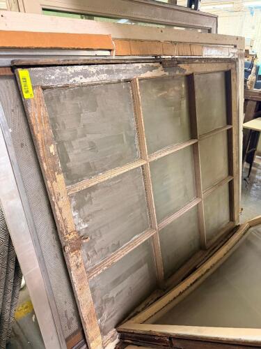 ANTIQUE WOOD MULTI-LITE WINDOW SASH WITH DIVIDED LIGHT DESIGN AND ORIGINAL WEATHERED WOOD FINISH.