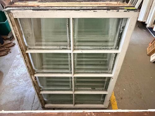 (4) 28-1/2 IN. W X 48 INVINTAGE WOOD WINDOW SASH WITH 8-LITE TRUE DIVIDED GLASS. PAINTED WHITE FINISH.