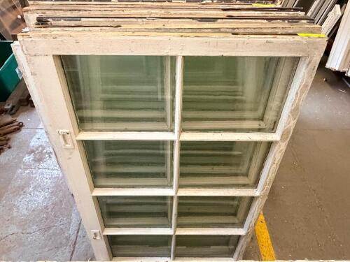 (4) 28-1/2 IN. W X 48 INVINTAGE WOOD WINDOW SASH WITH 8-LITE TRUE DIVIDED GLASS. PAINTED WHITE FINISH.