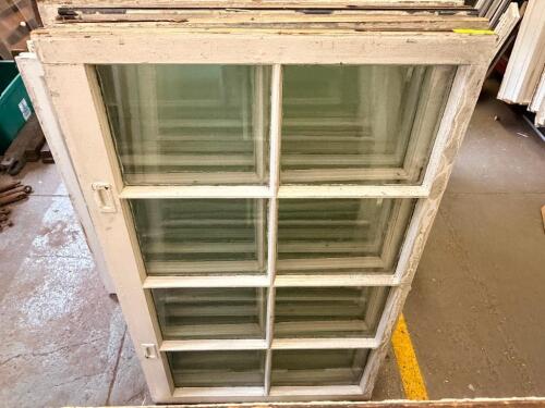 (4) 28-1/2 IN. W X 48 INVINTAGE WOOD WINDOW SASH WITH 8-LITE TRUE DIVIDED GLASS. PAINTED WHITE FINISH.