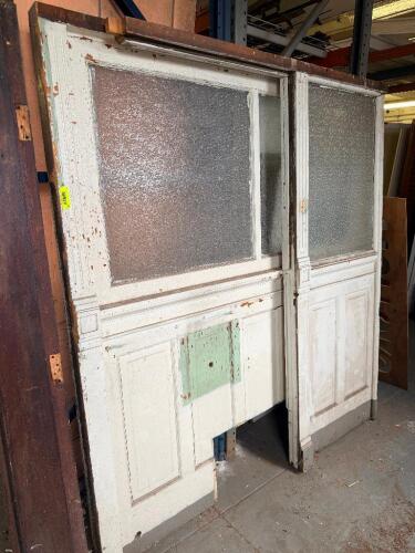 74 IN. W &times; 84 IN. H ANTIQUE WOOD INTERIOR OFFICE PARTITIONS WITH OBSCURE GLASS PANELS AND RAISED WAINSCOT.