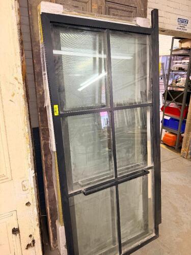 VINTAGE RECLAIMED HARDWOOD DOOR W/ GLASS INSERT PANELS.