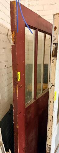 VINTAGE RECLAIMED HARDWOOD DOOR W/ GLASS INSERT PANELS.