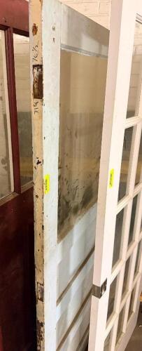 VINTAGE RECLAIMED HARDWOOD DOOR W/ GLASS INSERT PANELS.