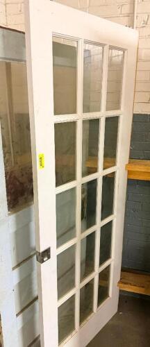 VINTAGE RECLAIMED HARDWOOD DOOR W/ GLASS INSERT PANELS.