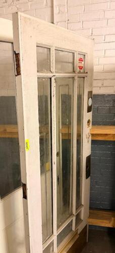 VINTAGE RECLAIMED HARDWOOD DOOR W/ GLASS INSERT PANELS.