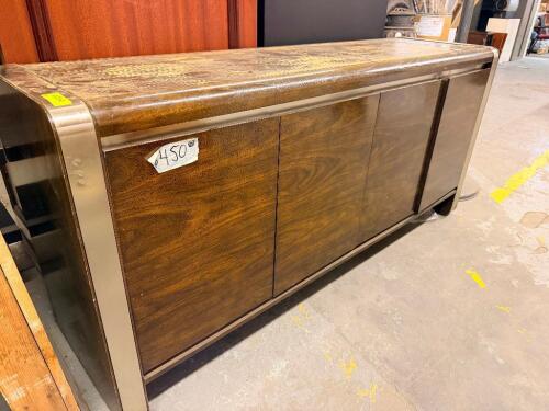 MODERN CONTEMPORARY FOUR-DOOR SIDEBOARD / CREDENZA WITH METAL TRIM.