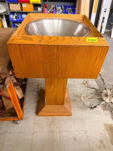 OAK PEDESTAL BAPTISMAL FONT WITH STAINLESS STEEL BASIN.