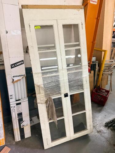ANTIQUE PAINTED WOOD 10-LITE CUPBOARD OR CABINET DOORS WITH TRANSOM.