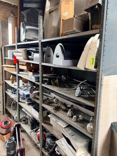 CONTENTS OF (3) METAL SHELVES - BATHROOM FIXTURES AND TOWEL DISPENSER.