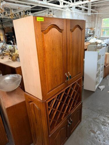MATCHING OAK KITCHEN CABINET SET WITH WINE RACK.