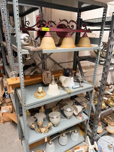 CONTENTS OF SHELF - ASSORTED LIGHT FIXTURES AND HARDWARE.