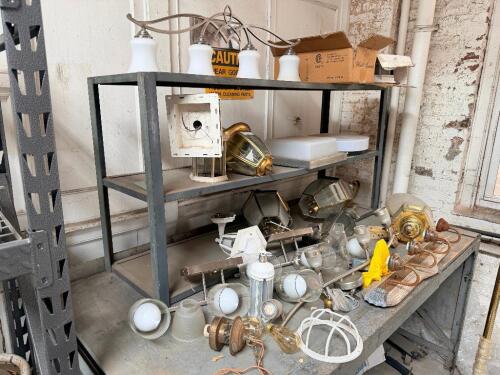 CONTENTS OF SHELF - ASSORTED LIGHT FIXTURES AND HARDWARE.