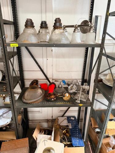 CONTENTS OF SHELF - ASSORTED LIGHT FIXTURES AND HARDWARE.