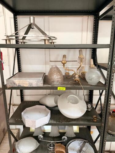 CONTENTS OF SHELF - ASSORTED LIGHT FIXTURES AND HARDWARE.