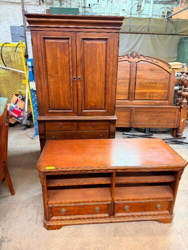 2-PIECE WOOD ENTERTAINMENT FURNITURE SET INCLUDING ARMOIRE AND MEDIA CONSOLE. FEATURES RAISED PANEL DOORS, MULTIPLE STORAGE DRAWERS, OPEN MEDIA SHELVING, AND A WARM CHERRY FINISH.