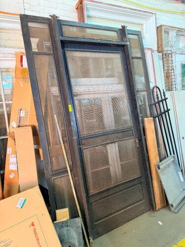 VINTAGE WOOD SCREEN/STORM DOOR ASSEMBLY WITH MATCHING FULL-LENGTH SIDELIGHTS AND TRANSOM WINDOW.