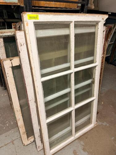 (4) ASSORTED VINTAGE WOOD WINDOW SASHES WITH MULTI-LITE GLASS PANELS