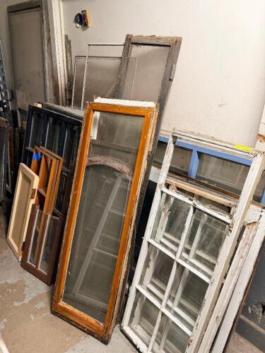 (10) ASSORTED VINTAGE WOOD WINDOW SASHES WITH MULTI-LITE GLASS PANELS