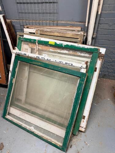 (4) ASSORTED VINTAGE WOOD WINDOW SASHES WITH MULTI-LITE GLASS PANELS