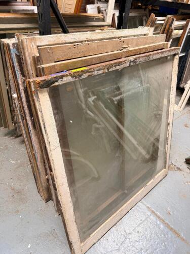 (7) ASSORTED VINTAGE WOOD WINDOW SASHES WITH MULTI-LITE GLASS PANELS