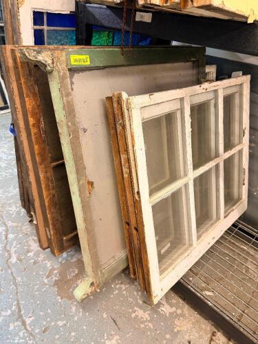 (4) ASSORTED VINTAGE WOOD WINDOW SASHES WITH MULTI-LITE GLASS PANELS