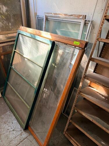 (4) ASSORTED VINTAGE WOOD WINDOW SASHES WITH MULTI-LITE GLASS PANELS