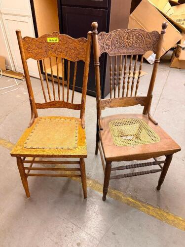 (2) WOODEN CHAIRS W/ CARVED BACKS.
