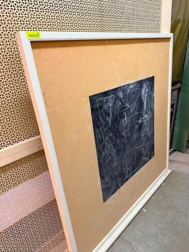 LARGE WALL-MOUNT COMBINATION CORK BULLETIN BOARD WITH INSET CHALKBOARD. FEATURES A PAINTED WOOD FRAME, NATURAL CORK SURFACE, AND CENTER CHALKBOARD PANEL