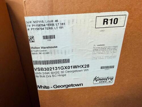 KOUNTRY WOOD PRODUCTS GEORGETOWN 30" WHITE VANITY SINK BASE CABINET, MODEL VSB302131GX01WHX28. FACTORY-FINISHED WHITE CABINET WITH TWO DOORS, SOFT-CLOSE HINGES, AND OPEN INTERIOR