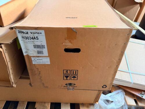 ZEPHYR VORTEX 34-3/8-INCH STAINLESS STEEL RANGE HOOD. BOXED UNIT DESIGNED FOR KITCHEN VENTILATION. APPEARS NEW IN ORIGINAL MANUFACTURER PACKAGING.