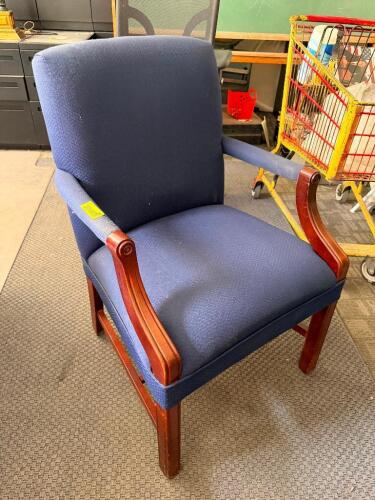 (2) BLUE UPHOLSTERED ARM CHAIRS.